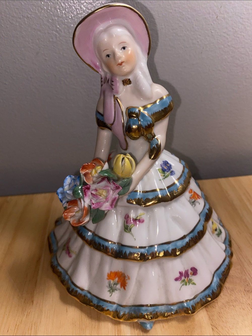 VTG Hand-Painted Porcelain Lady Figurine in Pink and White with Floral Details
